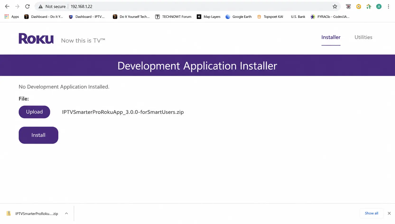 Click Install to finish uploading IPTV Smarters on Roku