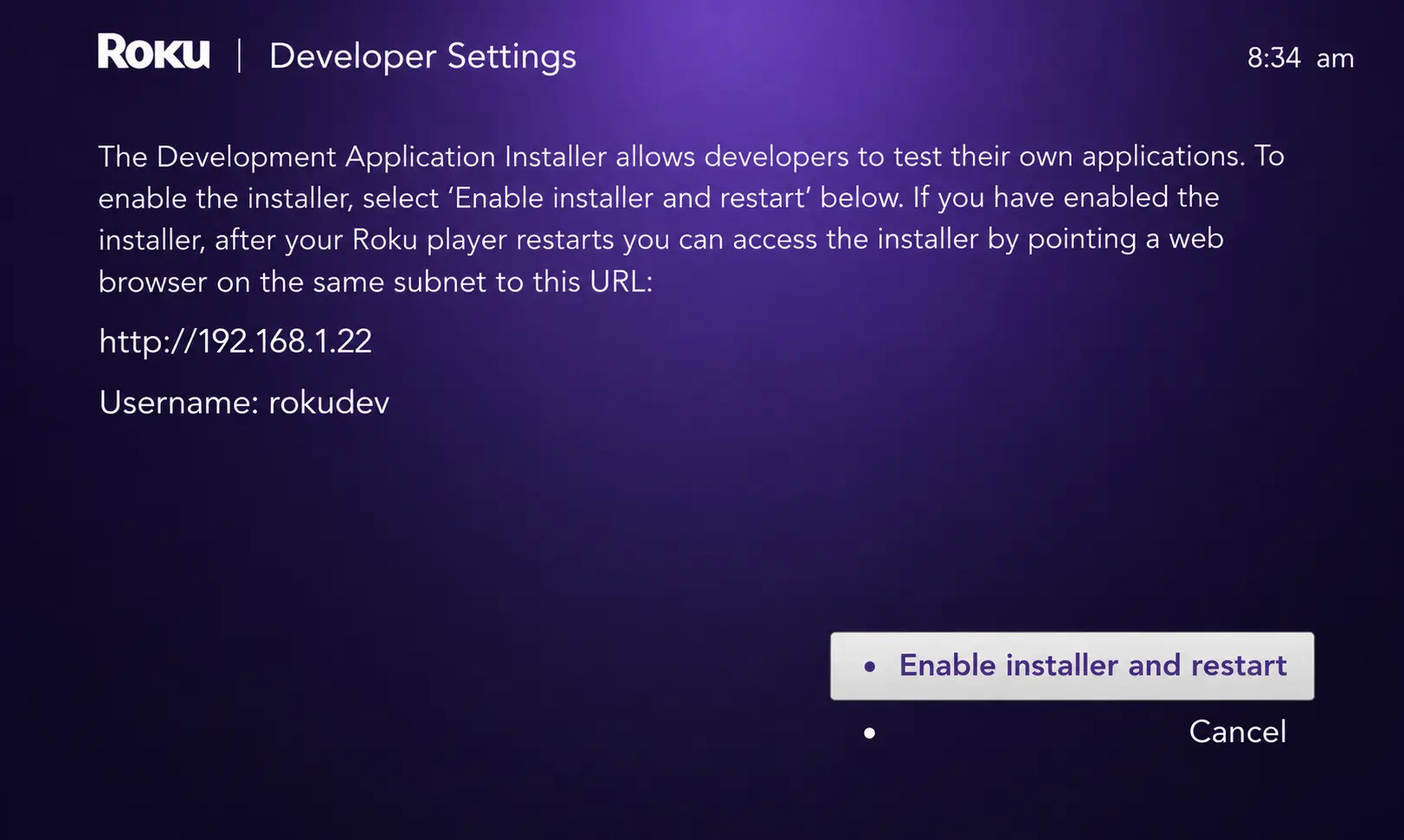 Roku Developer Settings screen showing IP address