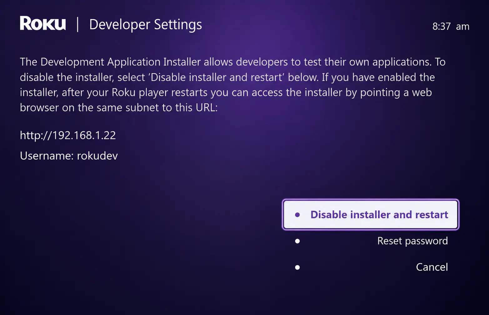 Roku Developer Settings confirming installer enabled