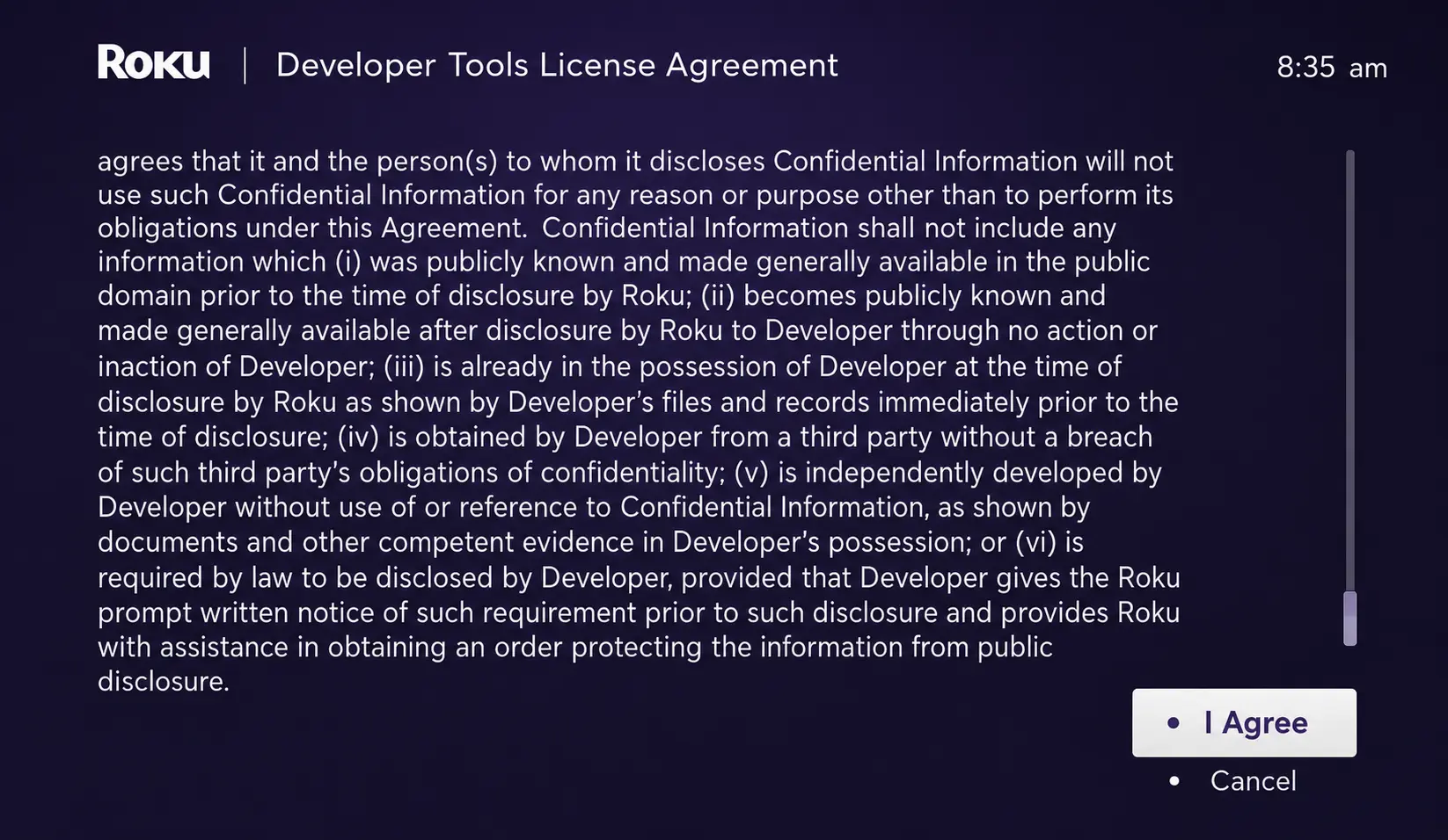 Roku Developer Tools License Agreement screen