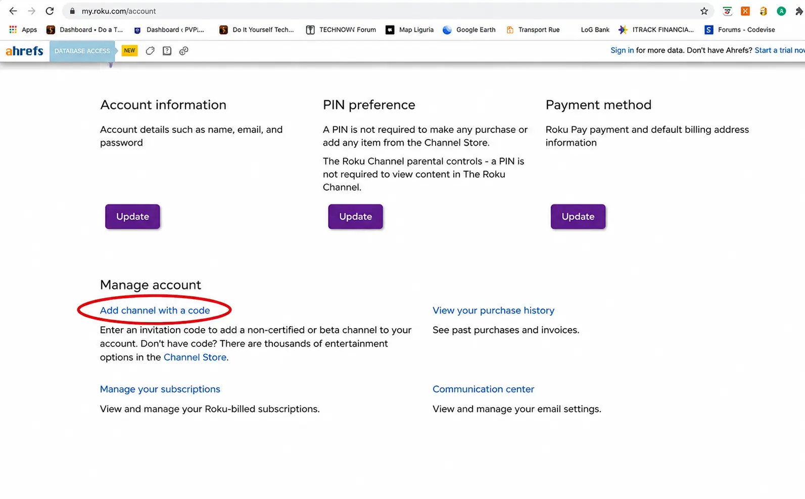 Roku account page with Add channel with a code option