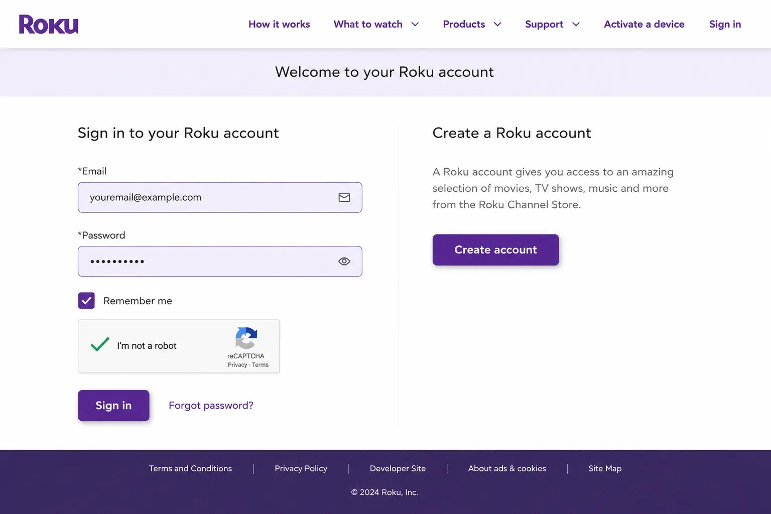 Sign in to my.roku.com account page