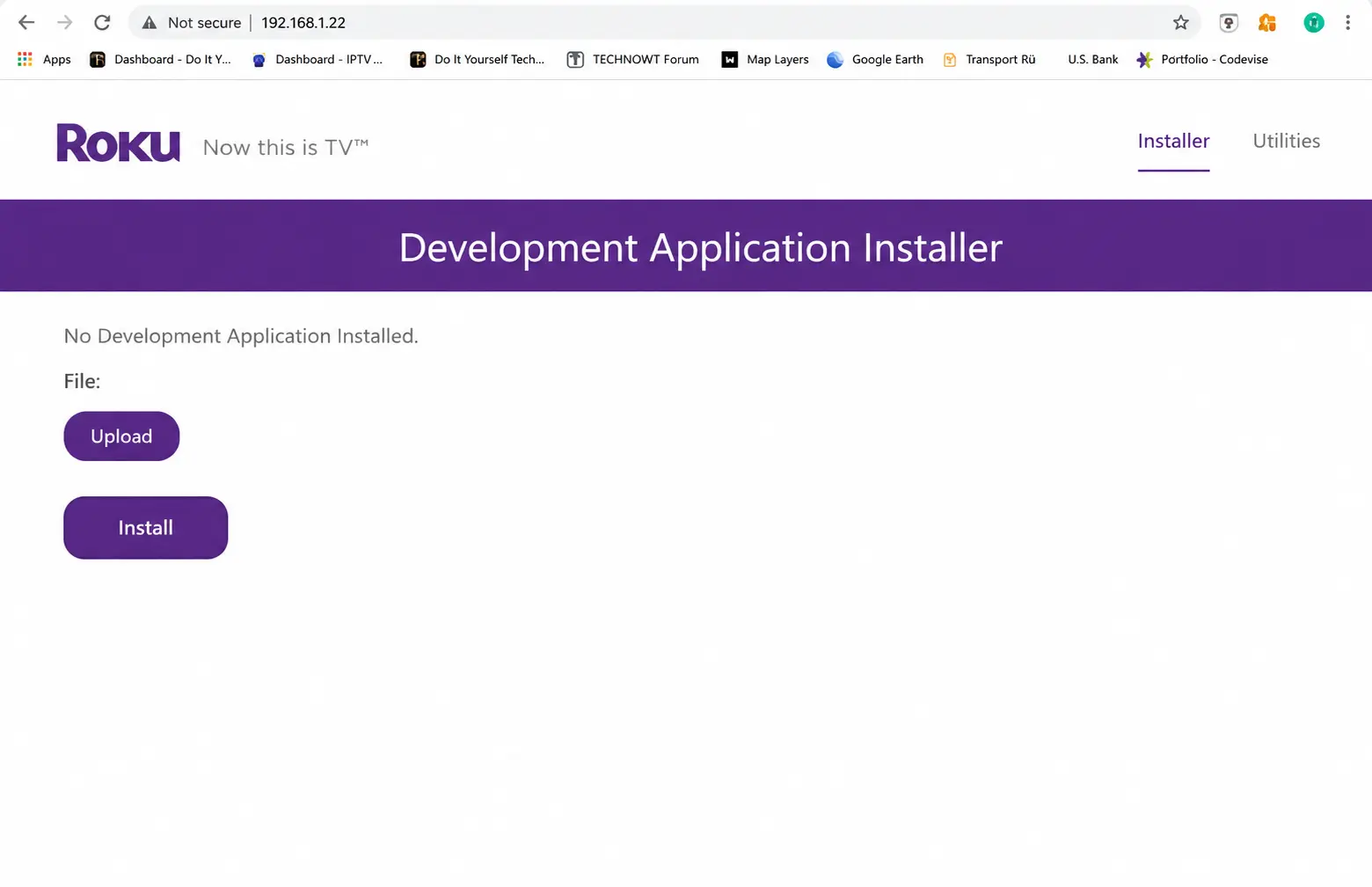 Click Upload on Roku Development Application Installer