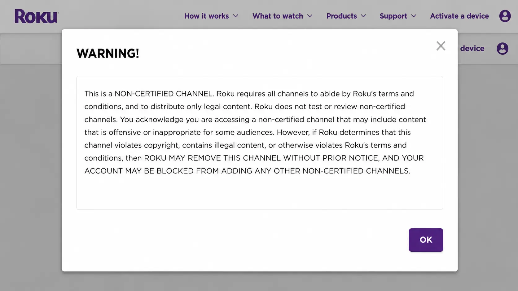Roku non-certified channel warning popup