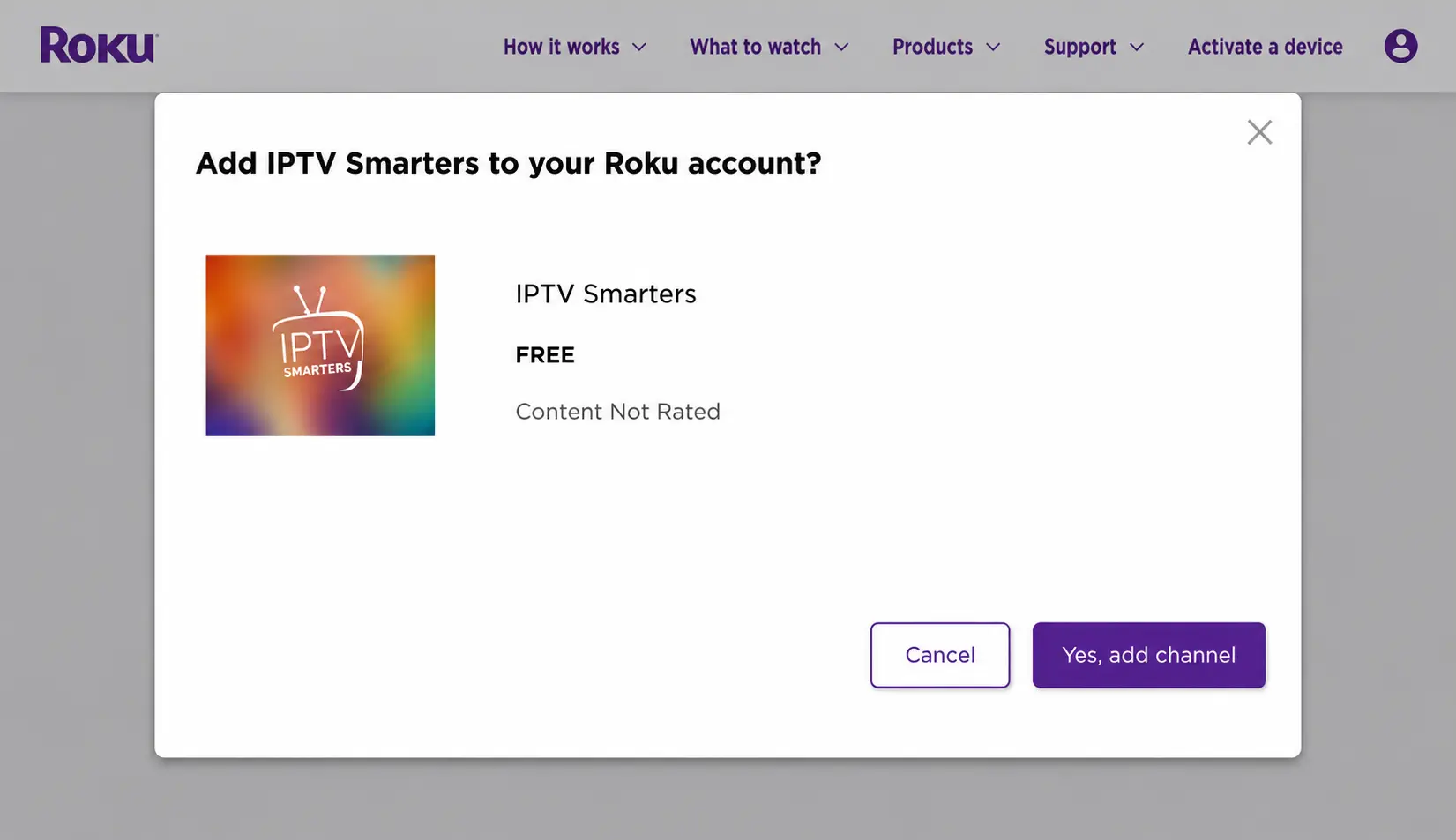 Confirm adding IPTV Smarters channel to Roku account